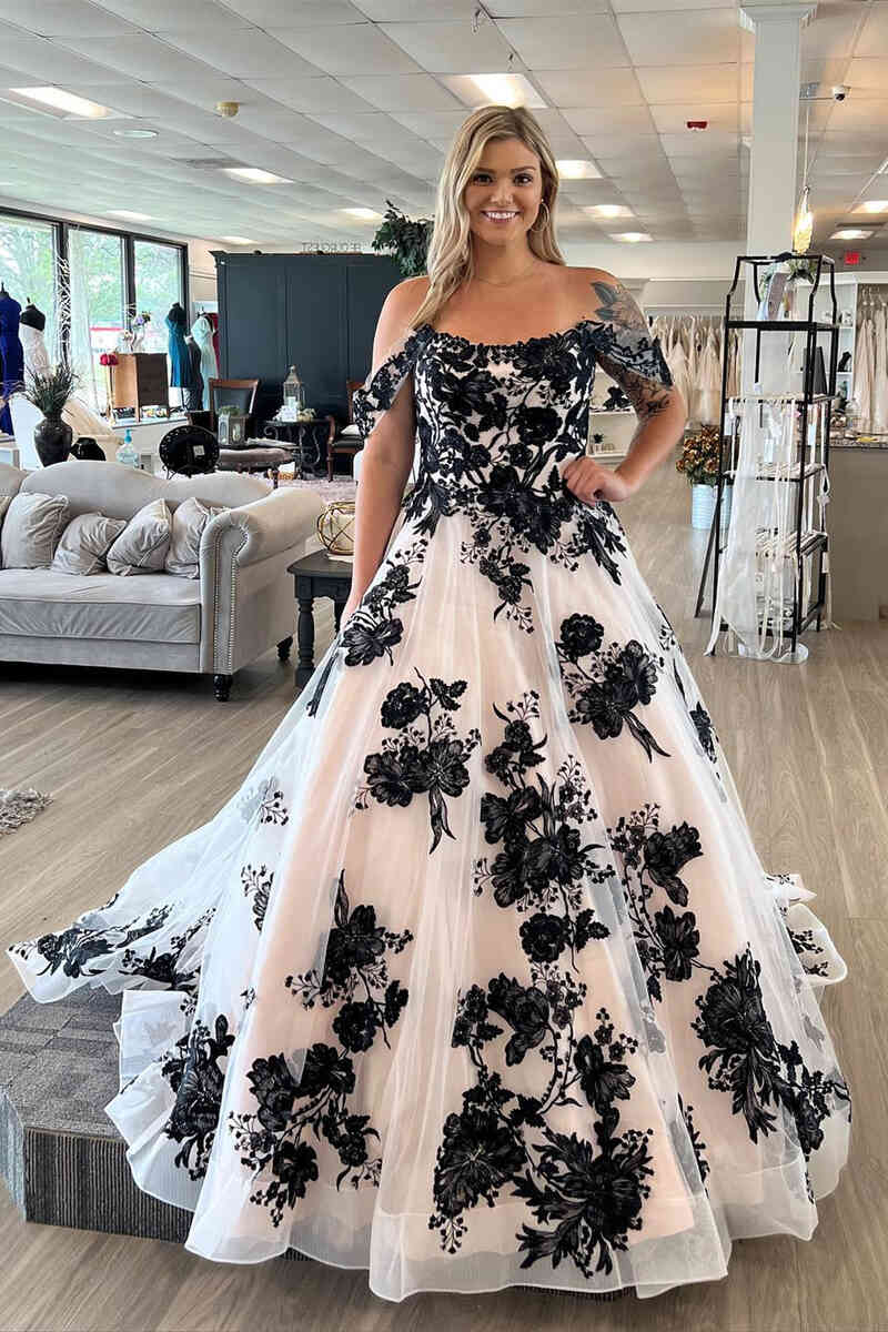 Ivory Long Off-the-Shoulder Tulle Wedding Dress with Black Appliqués