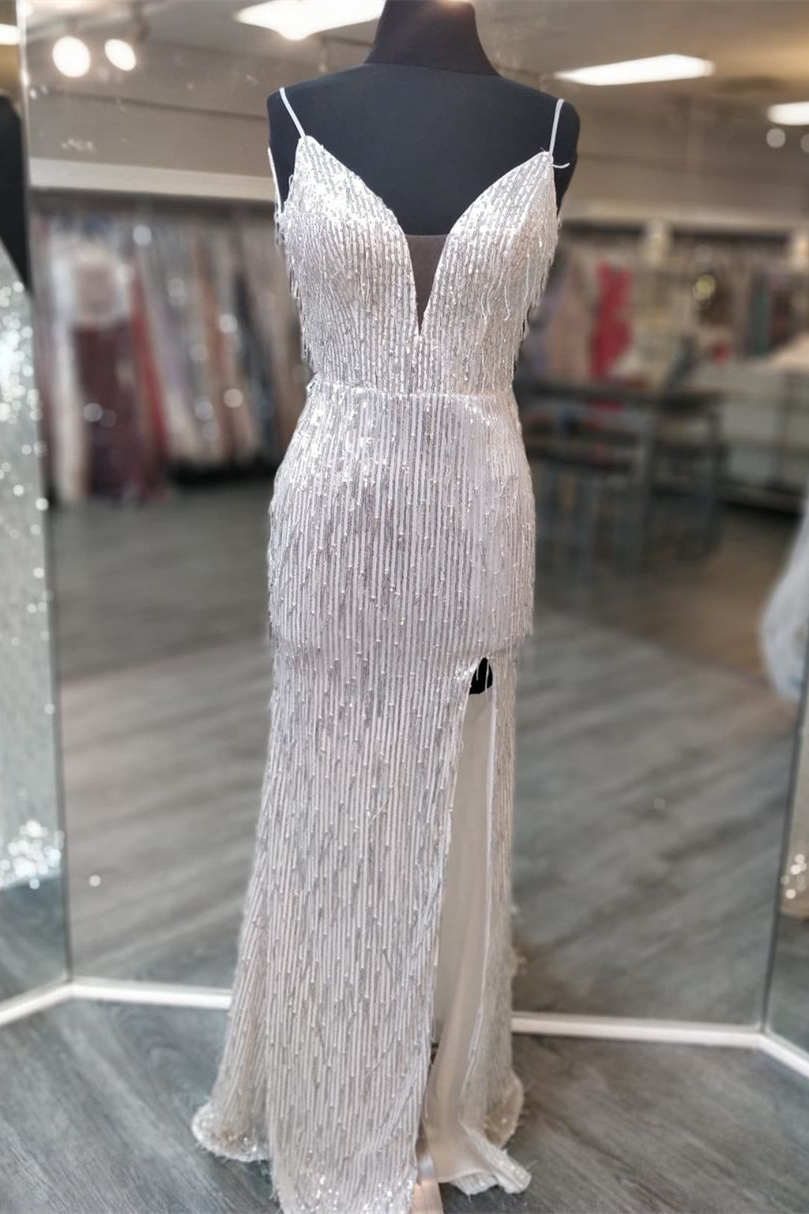 Stunning Glittery Gold Sequined Formal Prom Dress with a Stylish Slit