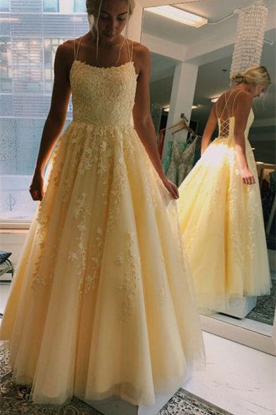 Yellow Long Prom Dress with Spaghetti Straps, Lace Appliques and Lace-Up Back