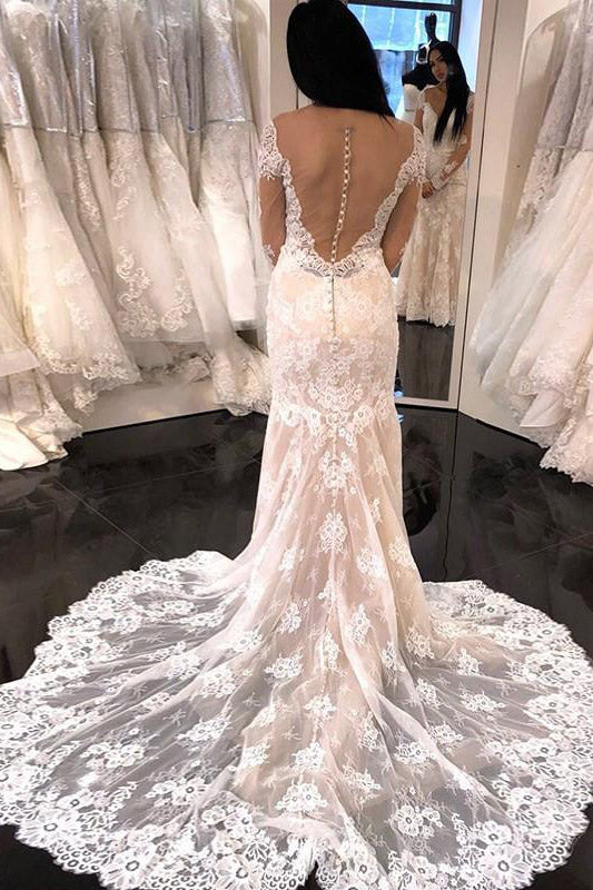 Gorgeous Princess-Style Long Sleeves Mermaid V-Neck Ivory Lace Wedding Dress for Brides