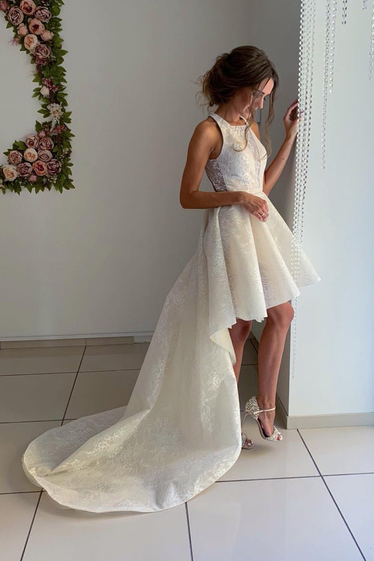 Ivory Lace A-line Halter High Low Princess Wedding Dress with Train