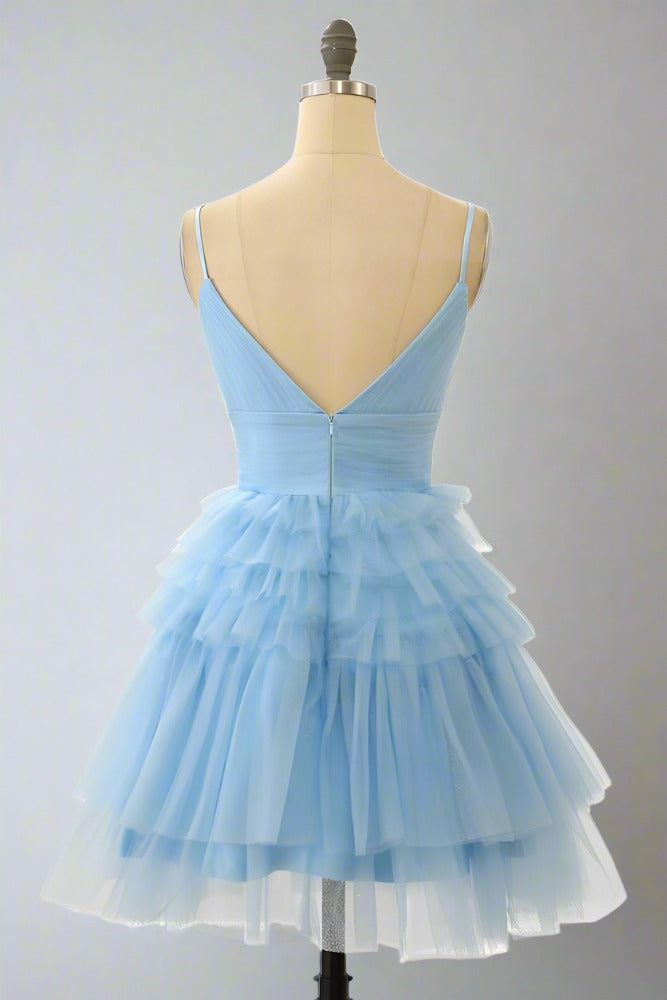 Light Blue Straps V-Neck Ruffle Mini Homecoming Dress for Women