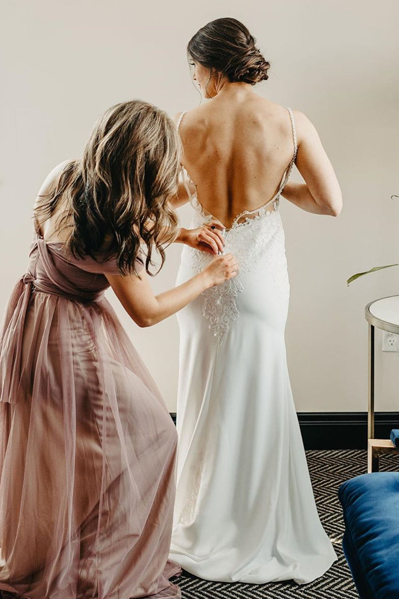 Exquisite Open-Back Mermaid-Style Long White Chiffon Wedding Bridal Dress Embellished with Lace