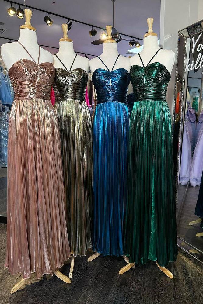 Stunning Green Metallic Pleated A-Line Halter Prom Dress with Slit