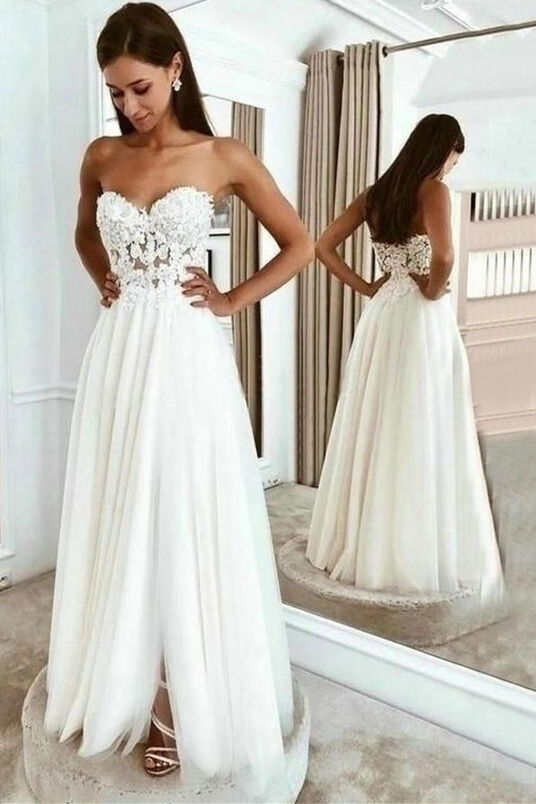 Exquisite Long A - line Sweetheart Neckline White Wedding Dress with Front Slit