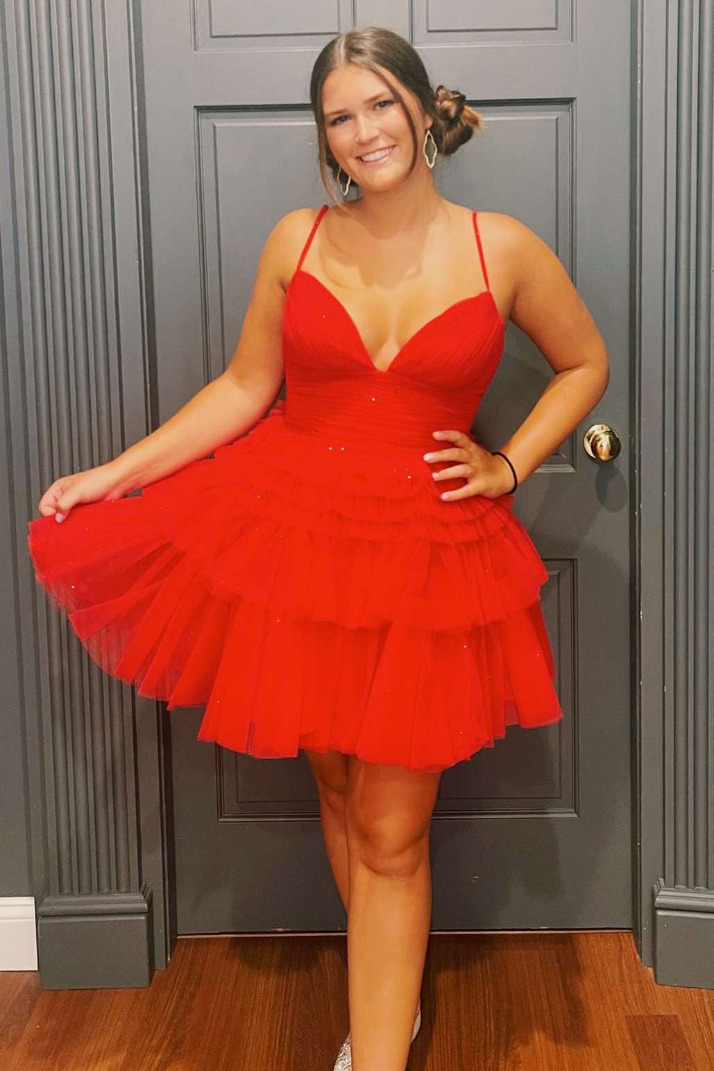 Light Blue Straps V-Neck Ruffle Mini Homecoming Dress for Women