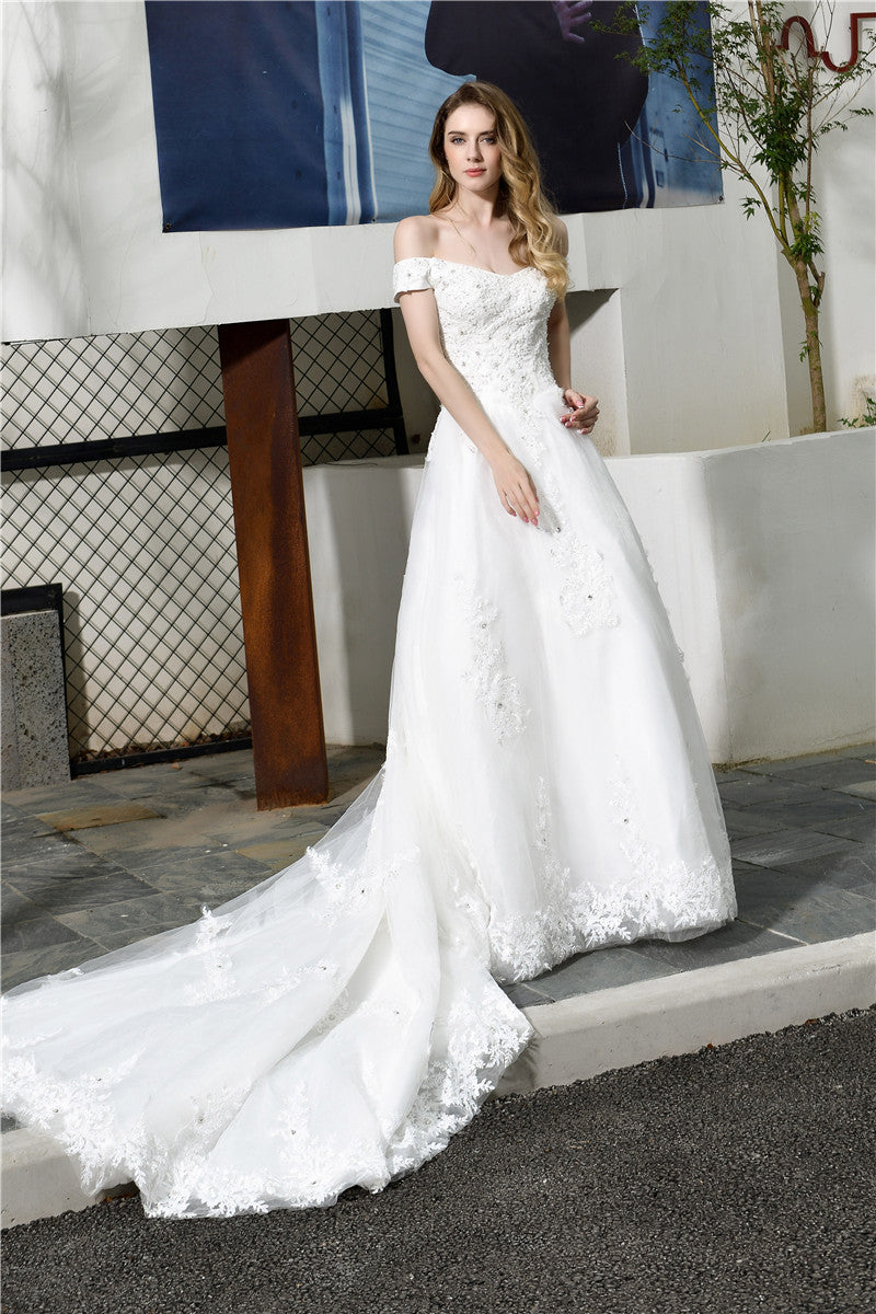 Pearl-Embellished Princess Off-Shoulder White Wedding Dress