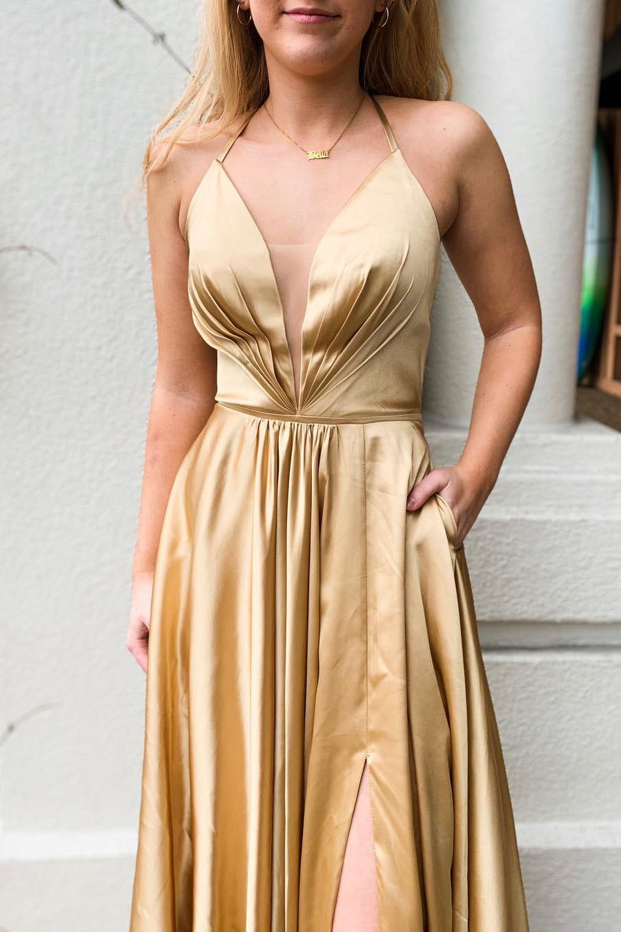 Long Gold Prom Dress with Halter, Lace-Up Back and Slit in Mesh Fabric