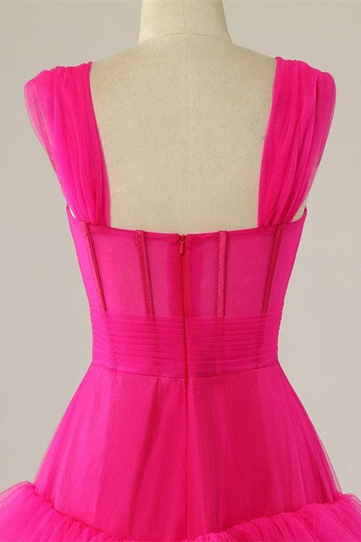 Stylish Hot Pink Strappy Ruffle Tiered Long Formal Prom Dress for Special Occasions