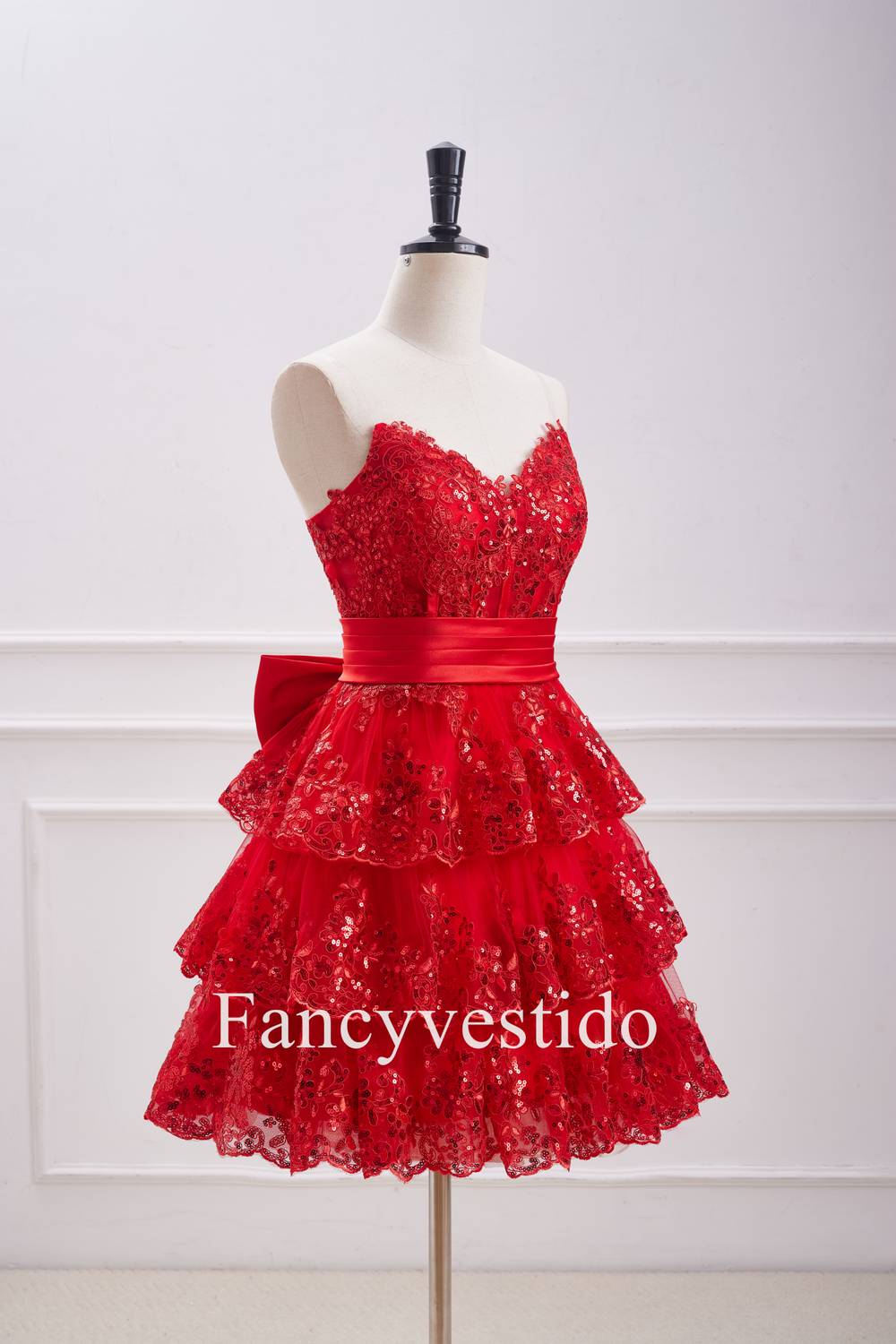 Gorgeous Strapless Red Sequin and Ruffle Corset-style Homecoming Dress with Elegant Bow Embellishment