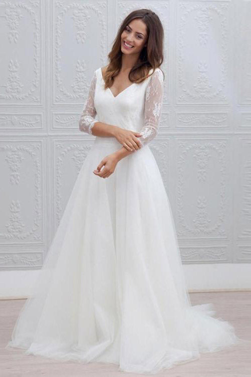 Elegant Princess Style Long-Sleeved A-line V-Neck White Lace-Embellished Wedding Dress for Brides