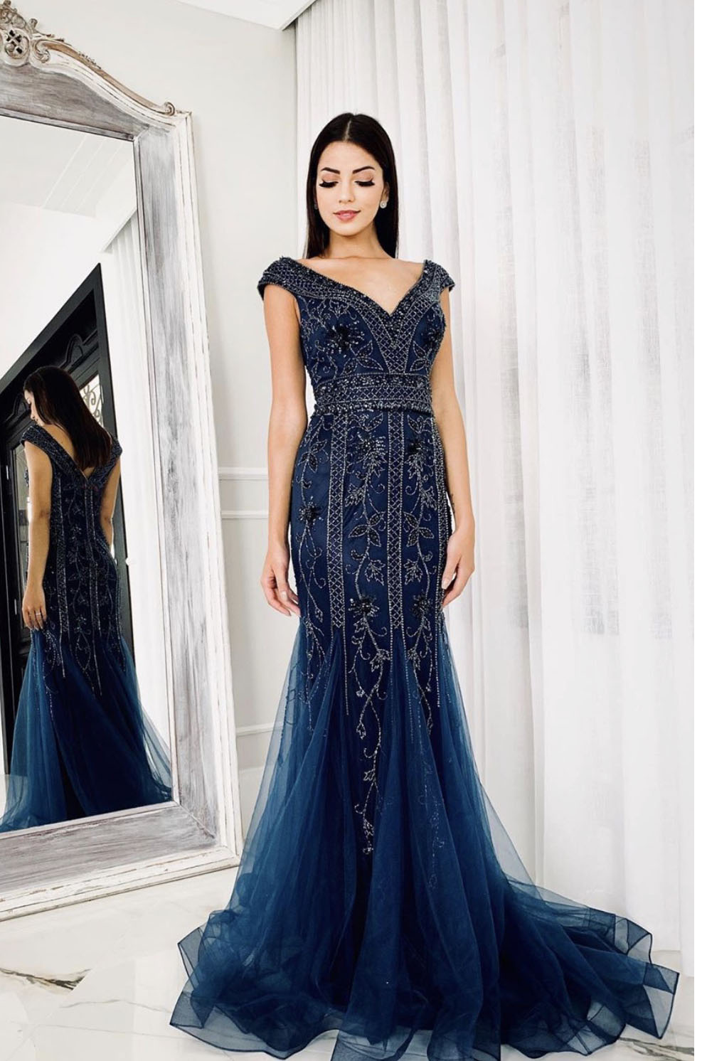 Navy Blue V Neck Long Prom Dress with Beads and Sequins