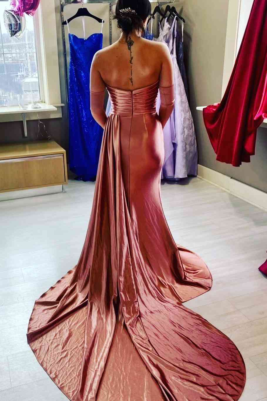 Fuchsia Satin Pleated Strapless Long Mermaid Prom Dress