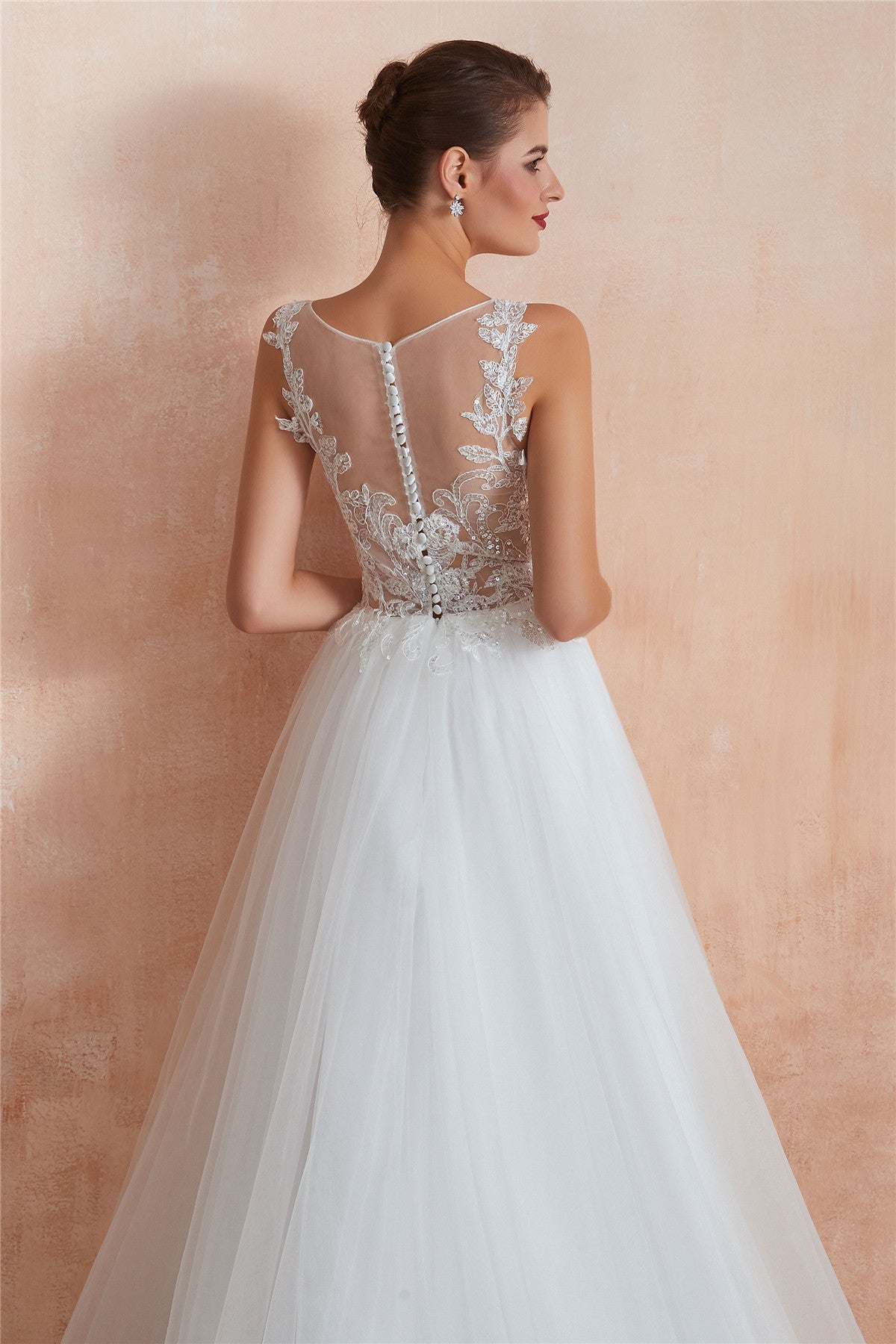 Floral Sequined Long A-line Sheer Back White Princess Wedding Dress
