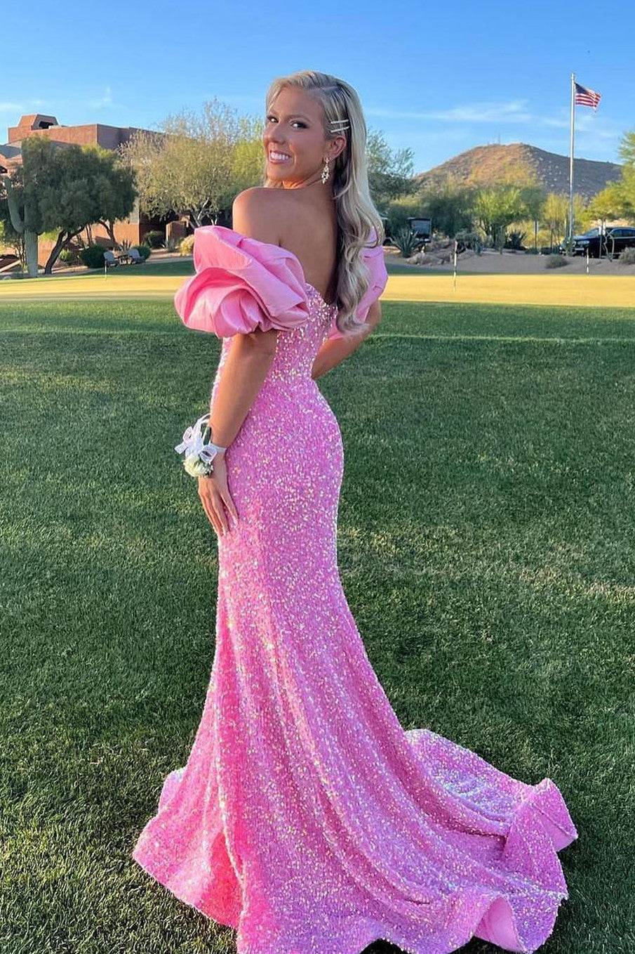 Gorgeous Mermaid-Style Off-the-Shoulder Prom Dress with Sequins and Rose-Shaped Puff Sleeves for an Elegant Look