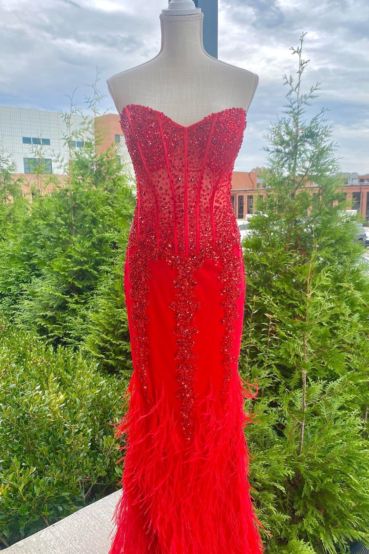 Feathered Strapless Sequin-Embroidered Long Mermaid Prom Dress