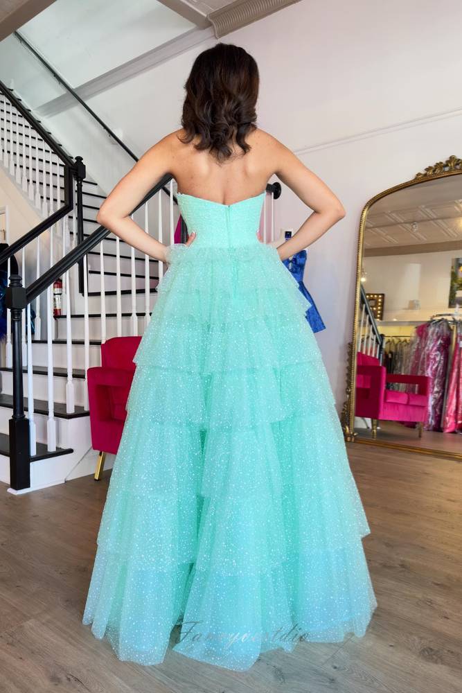Mint Green Strapless Prom Dress with Ruffle Detailing and Slit for a Stunning Look