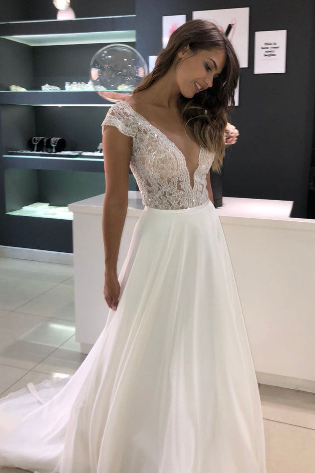 Elegant Princess A-line Long Deep V-Neck White Chiffon & Lace Wedding Gown