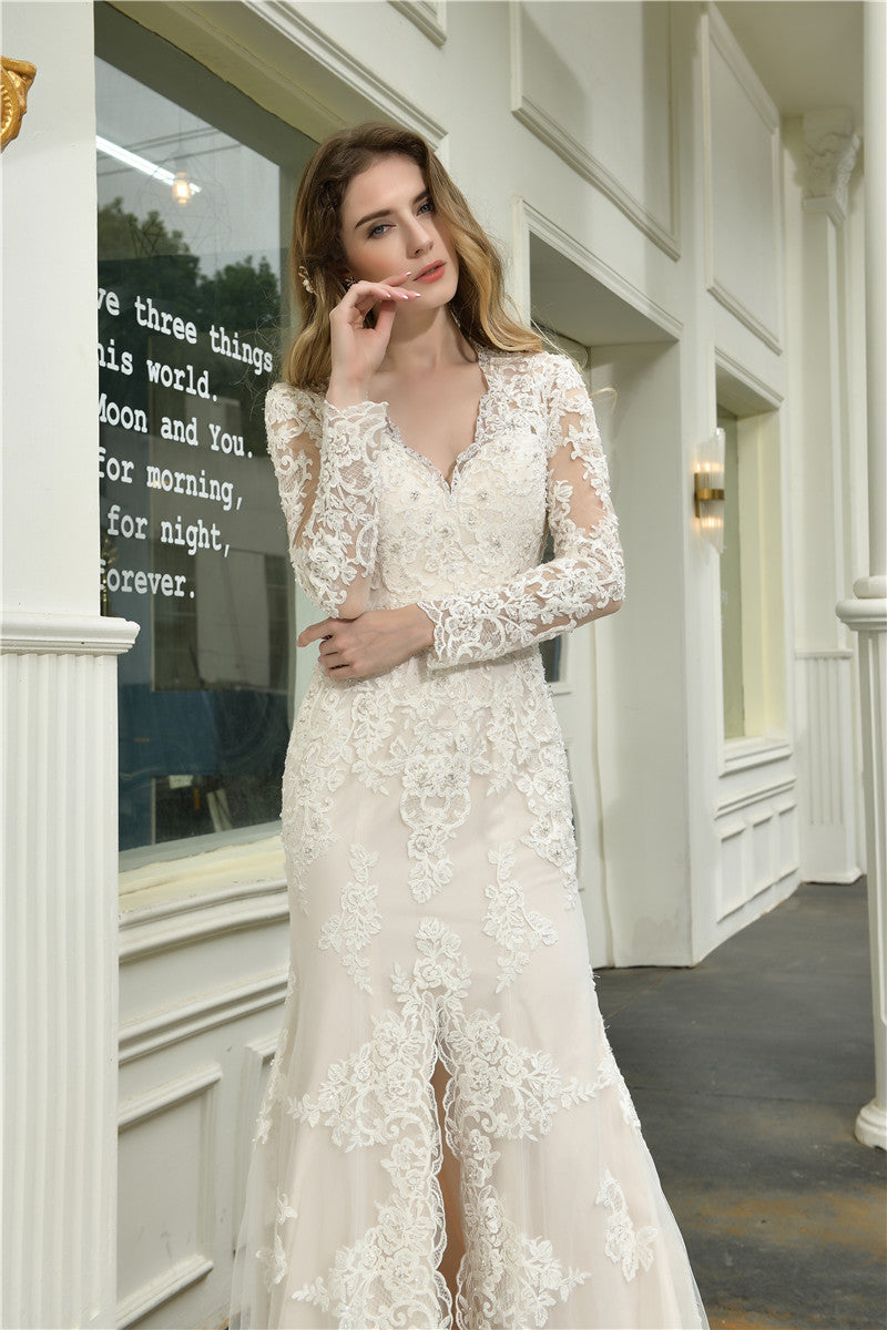 Ivory A-Line Long-Sleeved Princess Wedding Dress with Front Slit