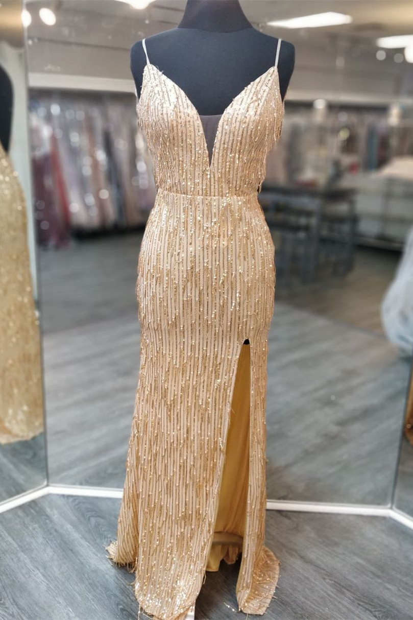 Stunning Glittery Gold Sequined Formal Prom Dress with a Stylish Slit