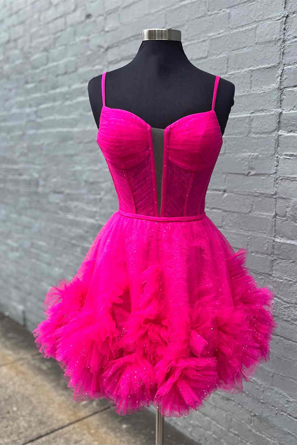 Hot Pink Glitter Straps Ruffled A-Line Homecoming Party Dress