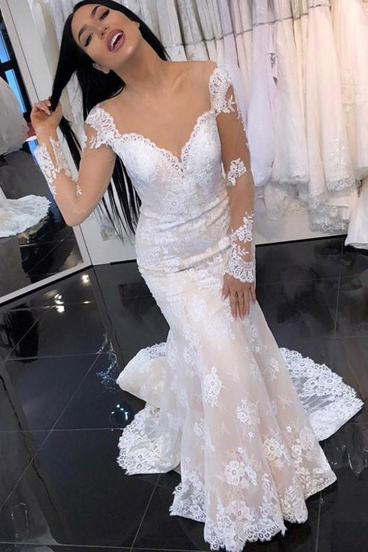 Gorgeous Princess-Style Long Sleeves Mermaid V-Neck Ivory Lace Wedding Dress for Brides