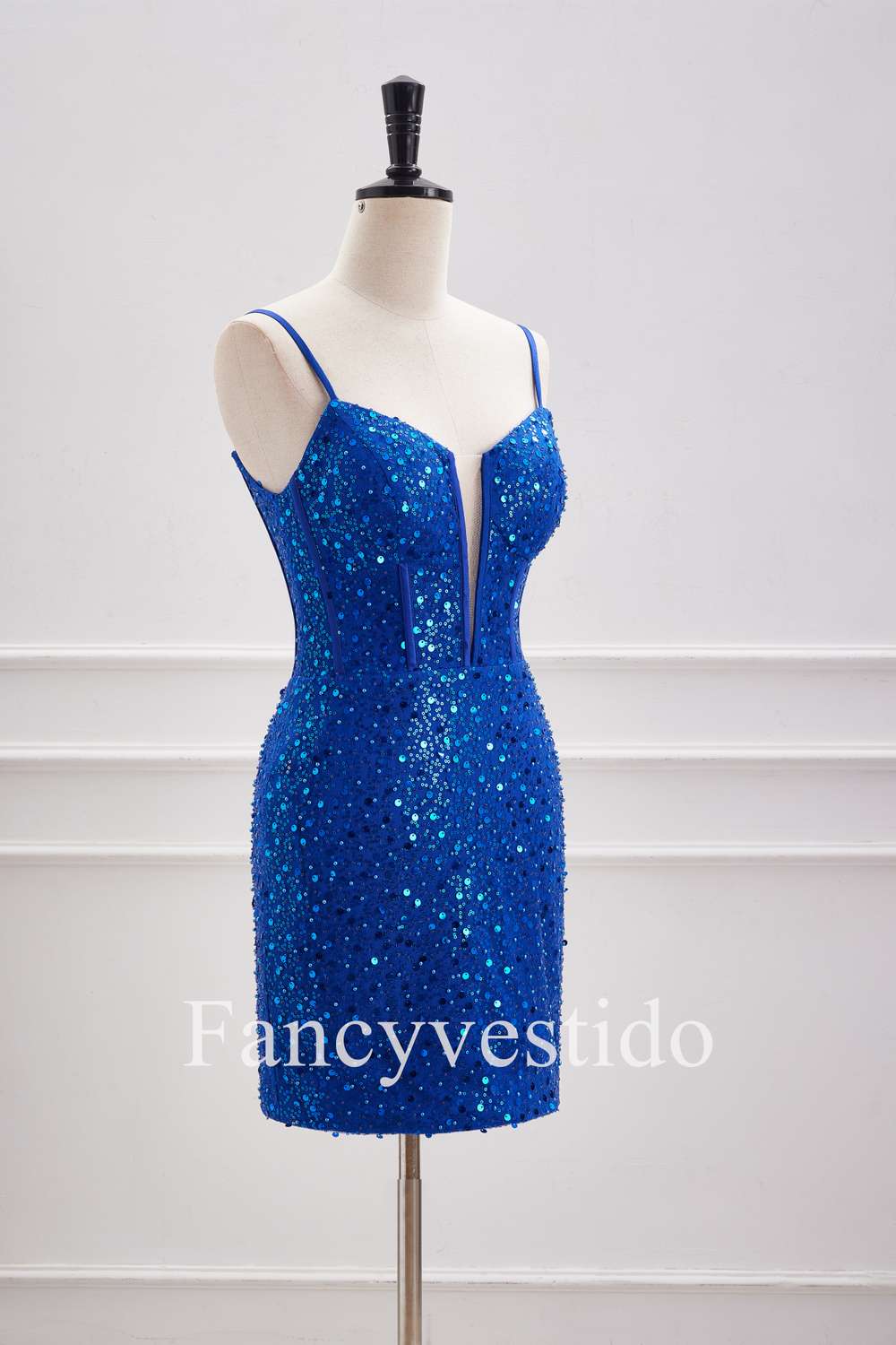 Stunning Royal Blue Sequin Plunging Neck Spaghetti Straps Tight-Fitting Homecoming Dress for Women