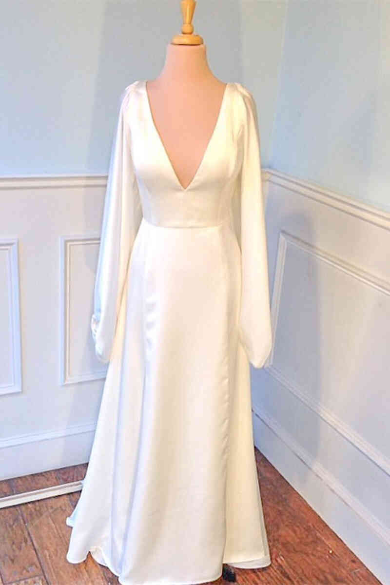 Exquisite Ivory Plunging V-Neck Backless Wedding Dress with Sleeves for Brides