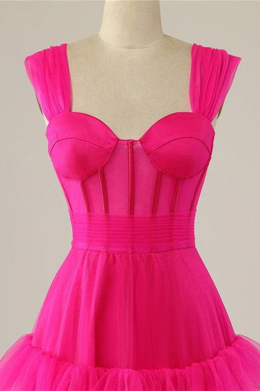 Stylish Hot Pink Strappy Ruffle Tiered Long Formal Prom Dress for Special Occasions