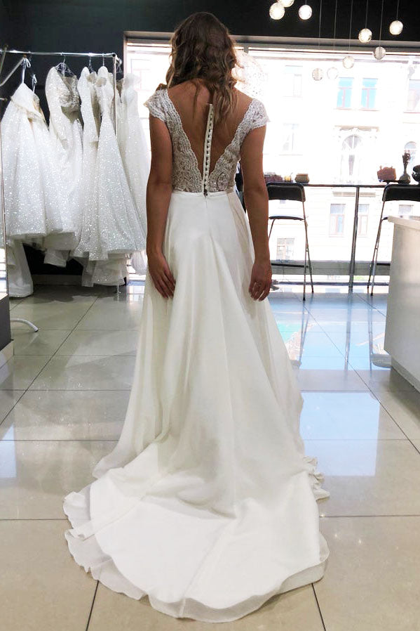 Elegant Princess A-line Long Deep V-Neck White Chiffon & Lace Wedding Gown