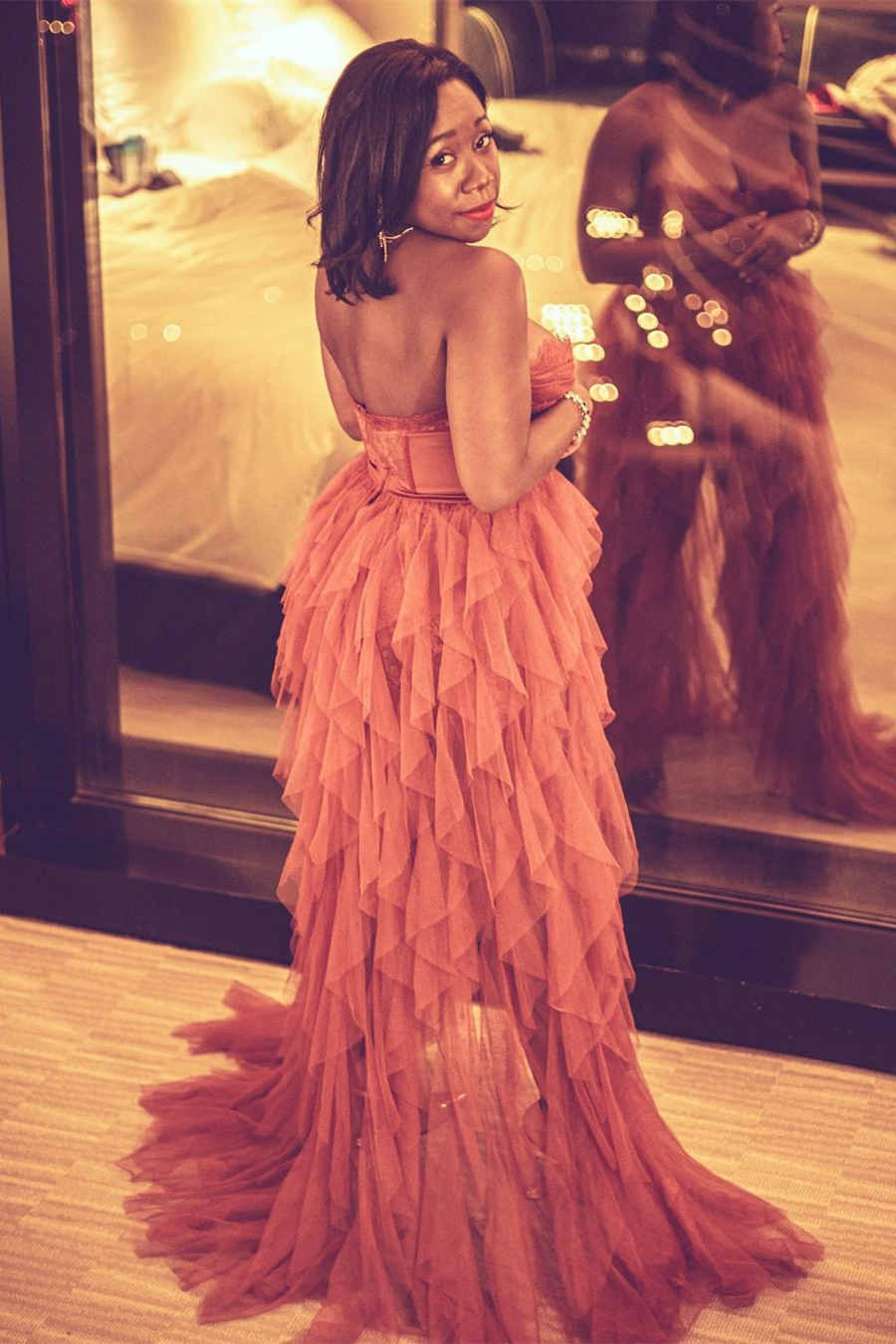 Stylish and Elegant Tiered Ruffles Tulle Long Prom Dress with Rusty Charm