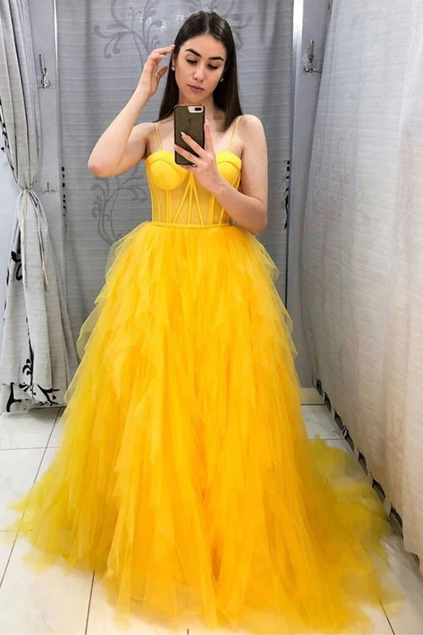 Elegant Yellow Tulle Spaghetti Straps Long Formal Prom Dress for Women