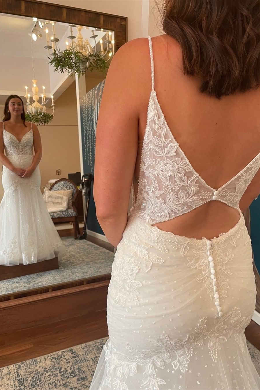 Elegant White Lace Straps Cutout Back Mermaid Wedding Dress