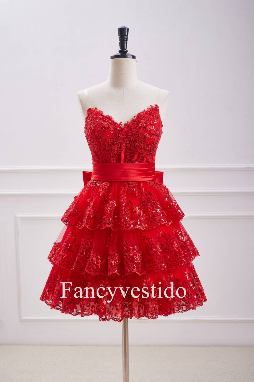 Gorgeous Strapless Red Sequin and Ruffle Corset-style Homecoming Dress with Elegant Bow Embellishment