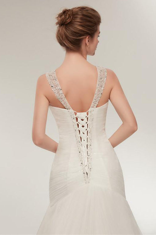 Exquisite Princess-Style Long Ivory Mermaid Wedding Dress with Beaded Lace-Up Design