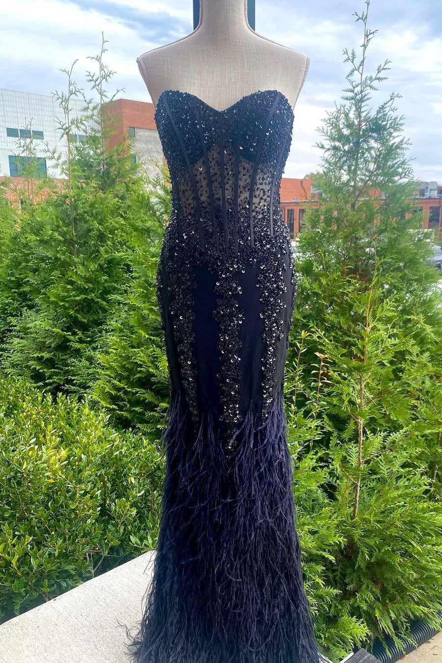 Feathered Strapless Sequin-Embroidered Long Mermaid Prom Dress