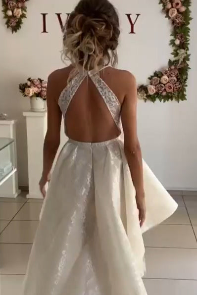 Ivory Lace A-line Halter High Low Princess Wedding Dress with Train