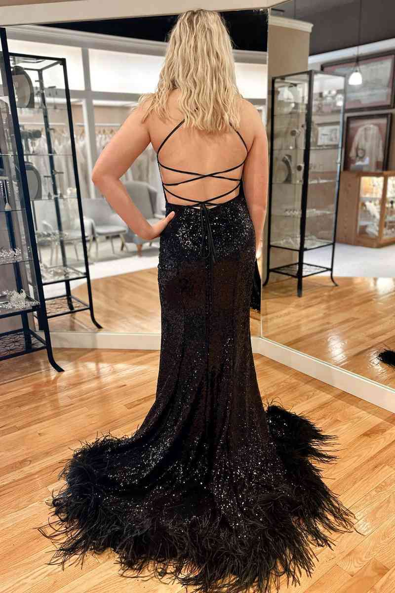 Elegant Blue Long Prom Dress with Sequined Straps and Feather Hem