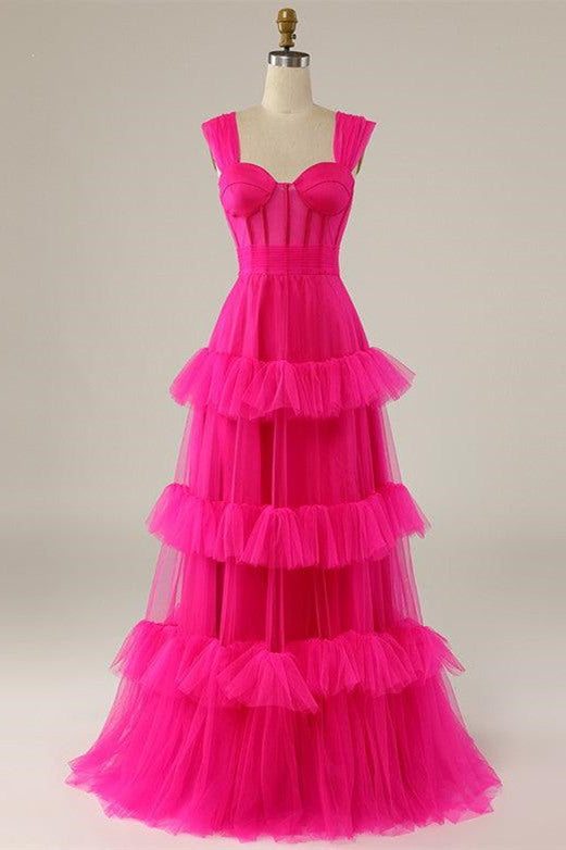Stylish Hot Pink Strappy Ruffle Tiered Long Formal Prom Dress for Special Occasions