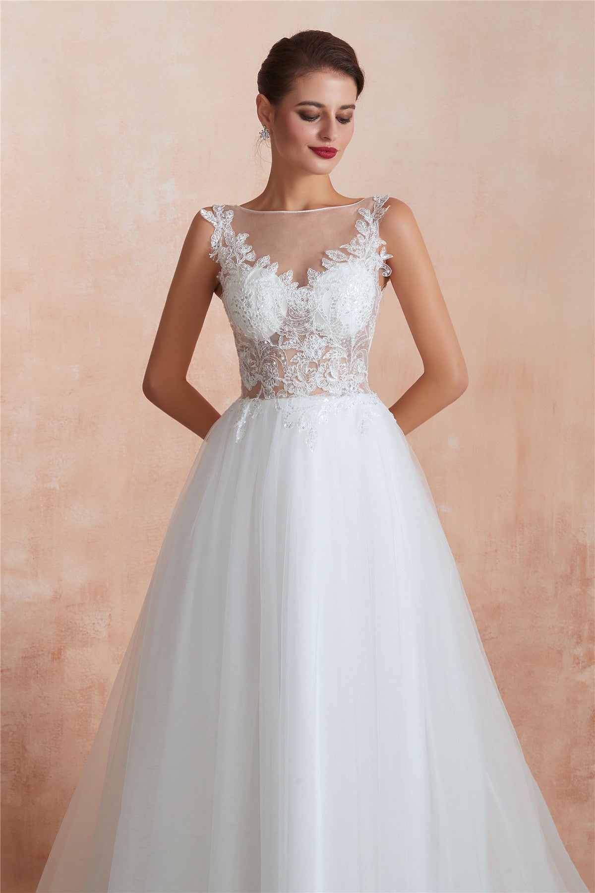 Floral Sequined Long A-line Sheer Back White Princess Wedding Dress