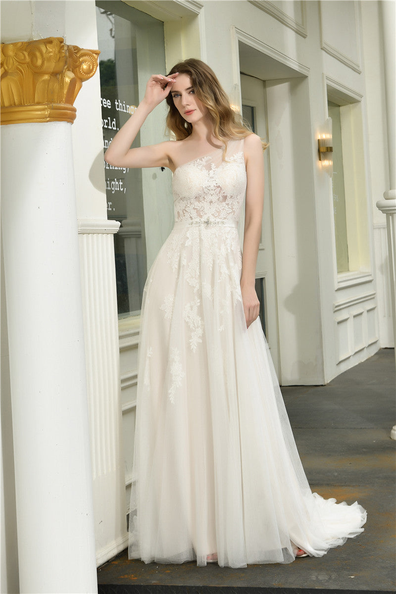 Elegant One-Shoulder A-Line White Bridal Wedding Dress for Timeless Beauty