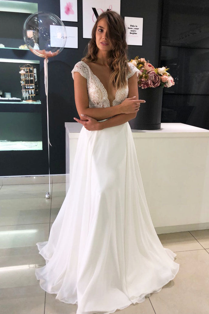 Elegant Princess A-line Long Deep V-Neck White Chiffon & Lace Wedding Gown