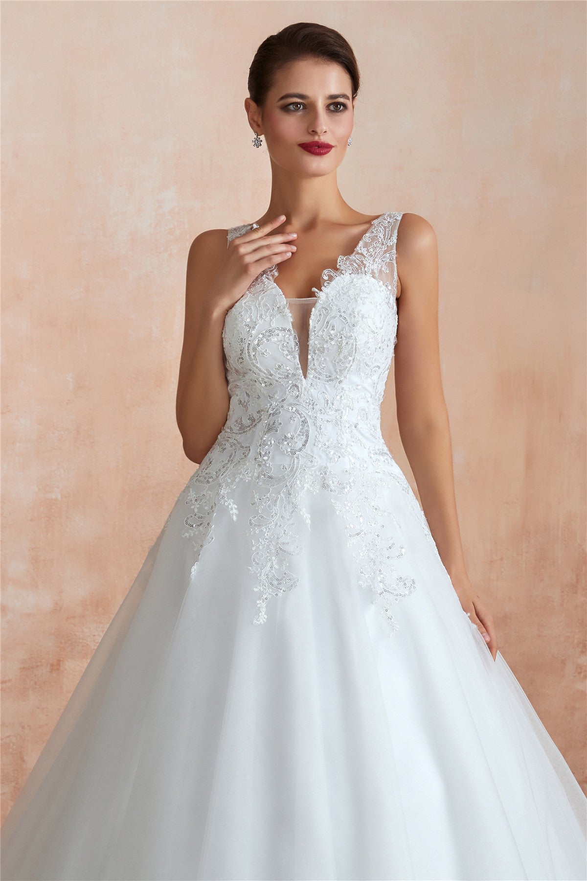 Exquisite Princess-style Long A-line White Wedding Dress with Sequins and Sheer Back for Brides