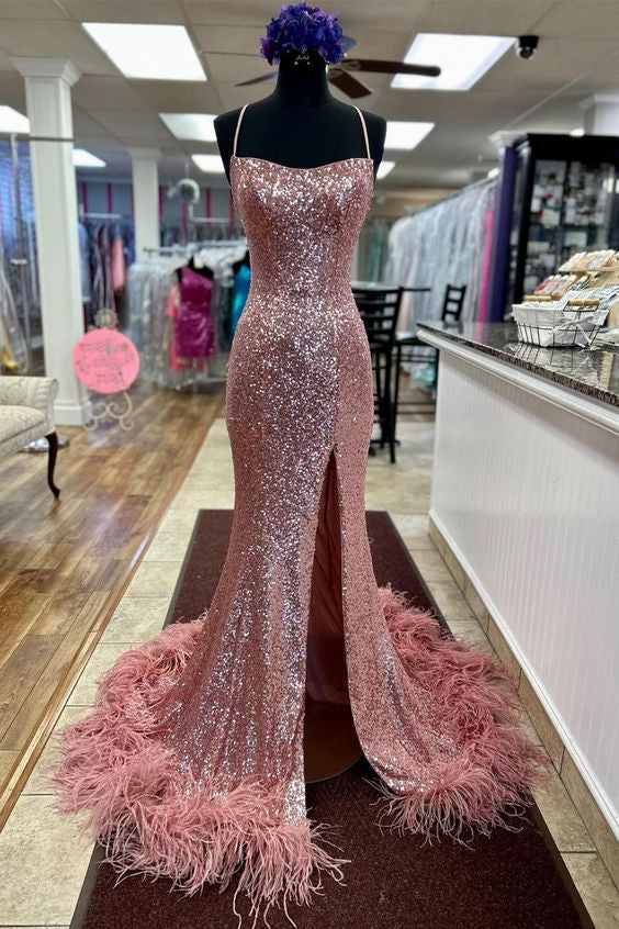 Elegant Blue Long Prom Dress with Sequined Straps and Feather Hem