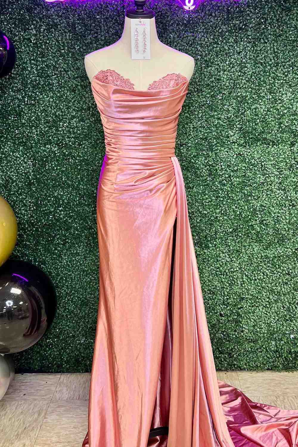 Fuchsia Satin Pleated Strapless Long Mermaid Prom Dress