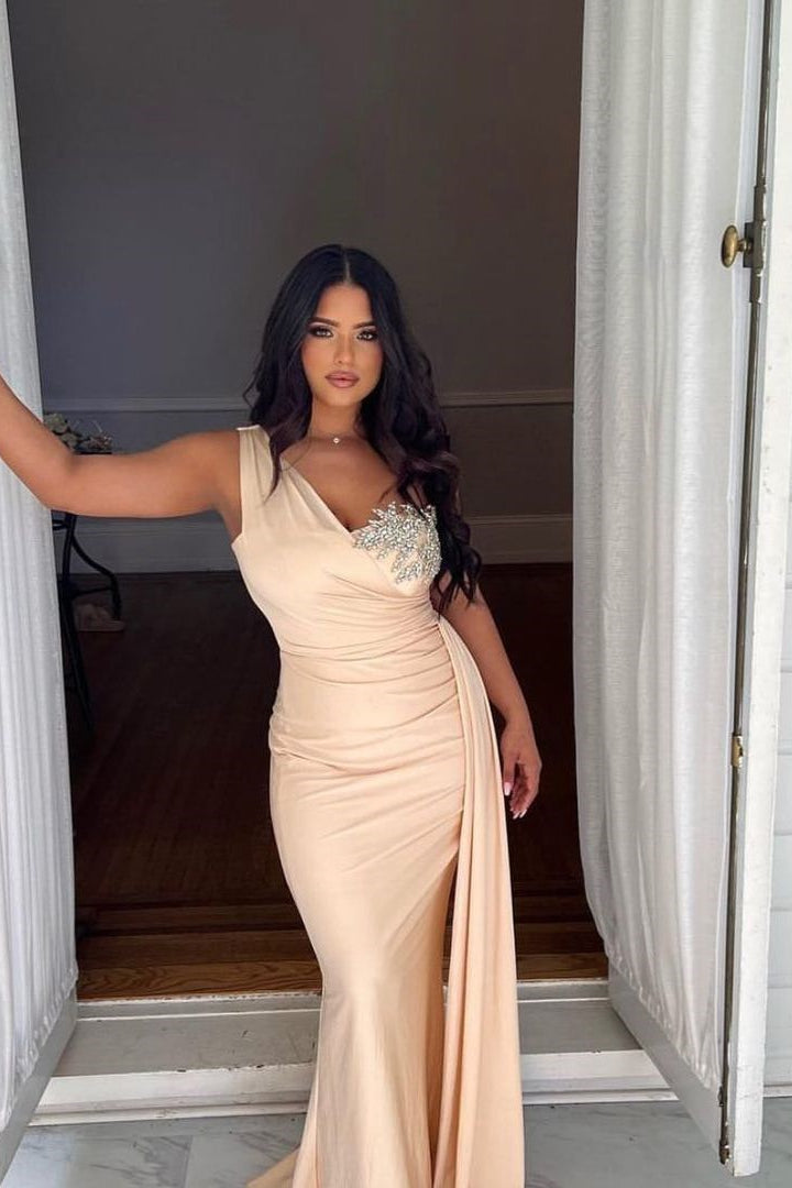 Gorgeous One-Shoulder Long Beaded Bridesmaid Gown for Special Occasions