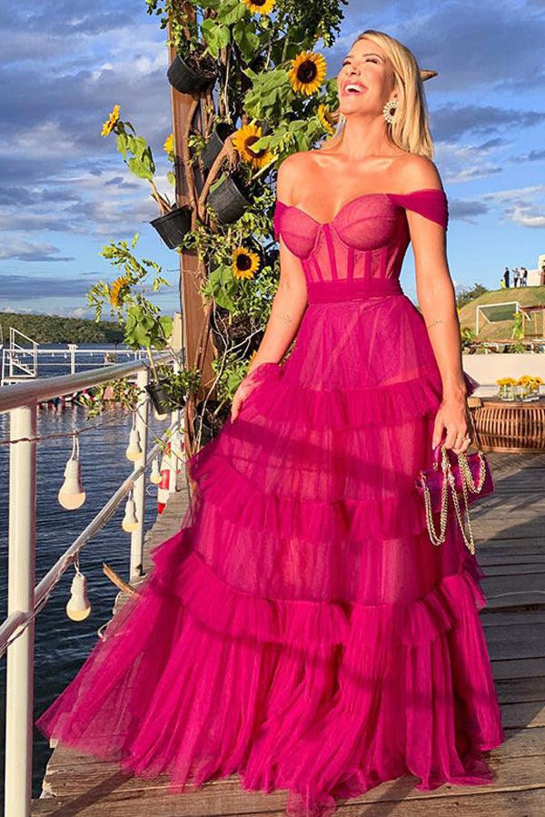 Stylish Hot Pink Strappy Ruffle Tiered Long Formal Prom Dress for Special Occasions