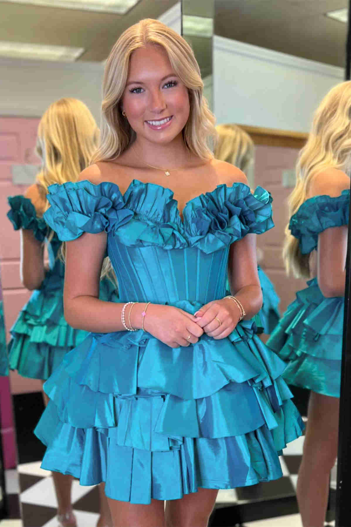 Fuchsia Off-the-Shoulder Tiered A-Line Short Homecoming Dress for Girls