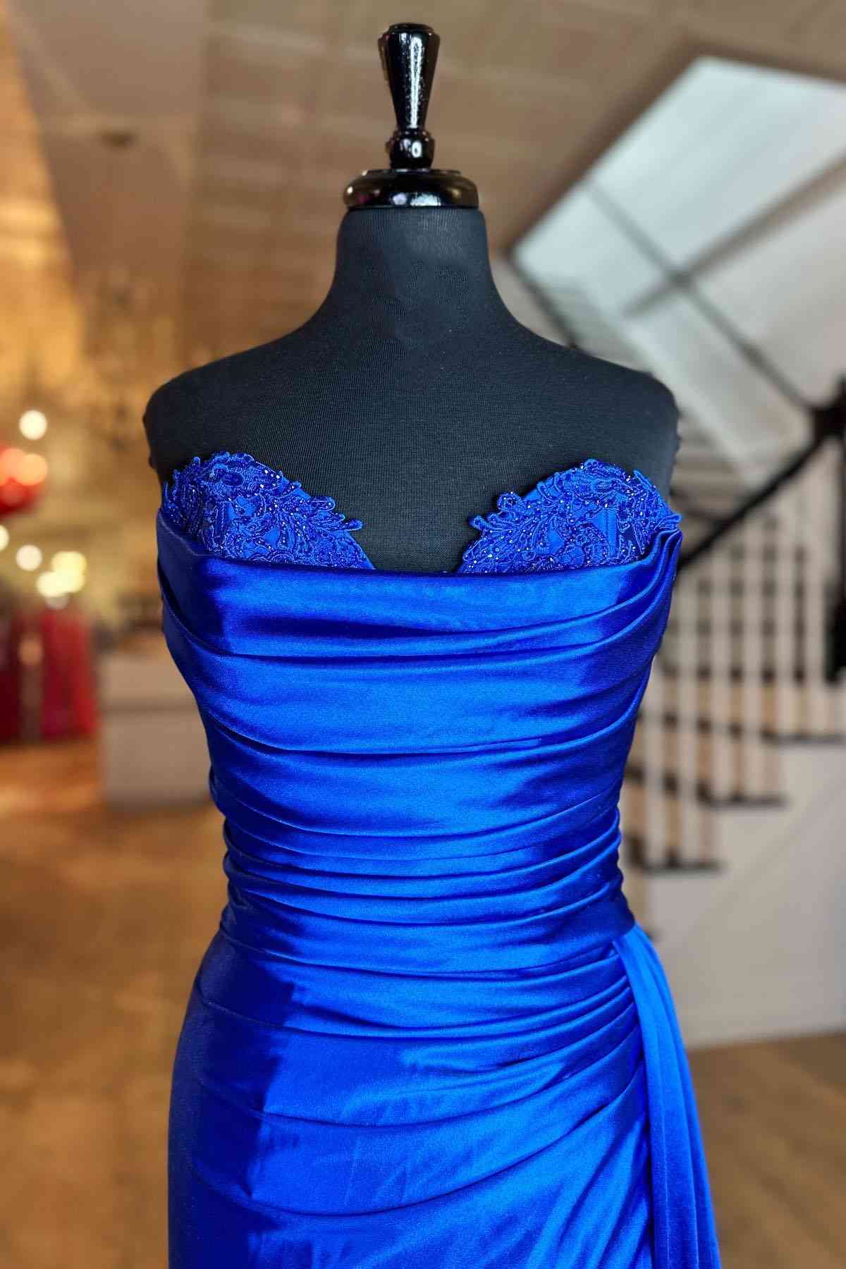 Fuchsia Satin Pleated Strapless Long Mermaid Prom Dress