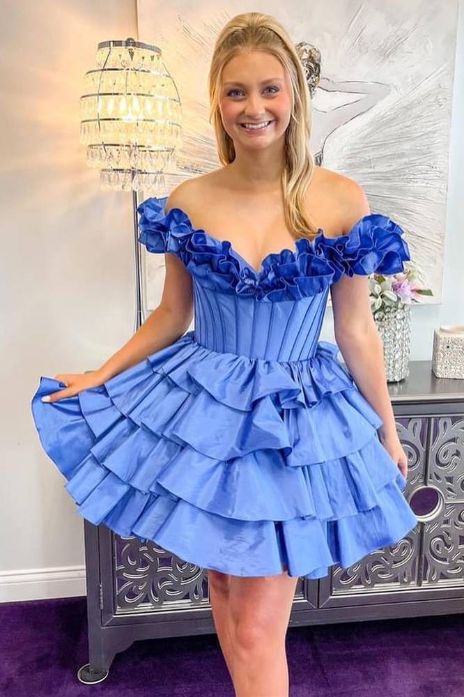 Fuchsia Off-the-Shoulder Tiered A-Line Short Homecoming Dress for Girls